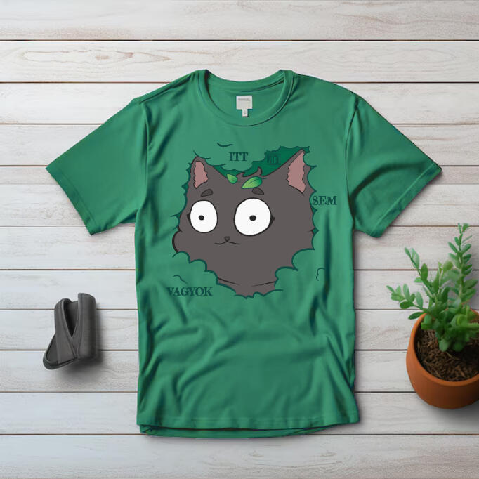 Álcázott, sövényben lurkolós, cicás póló, pulcsi, bögre vagy szatyor minta. Kicsit hasonlít Homer Simpsonra.